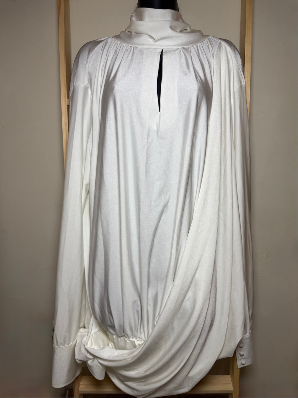Queena Wish White Avant-Garde Draped Mock Neck Mini Dress Tunic Blouse L NWT